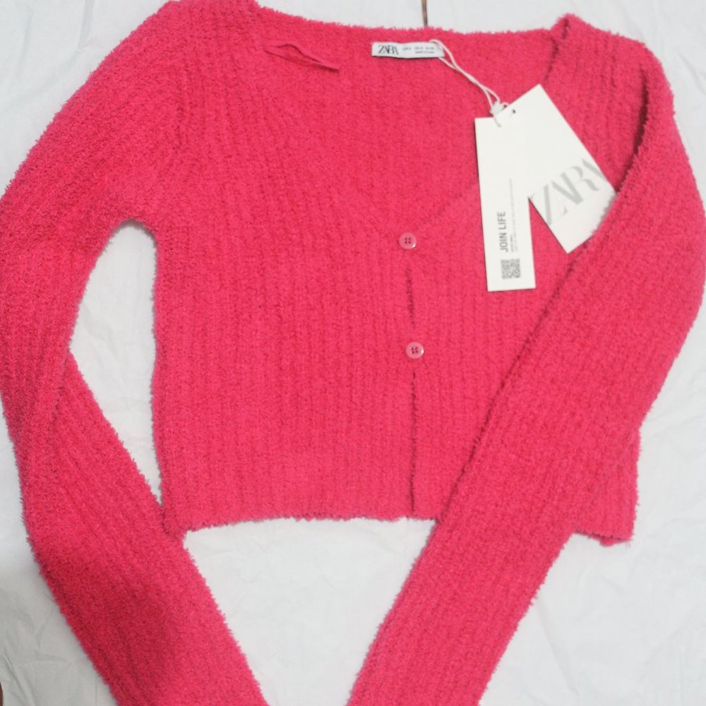 NWOT Zara Hot PInk Chenille Cropped Cardigan. - Picture 7 of 12